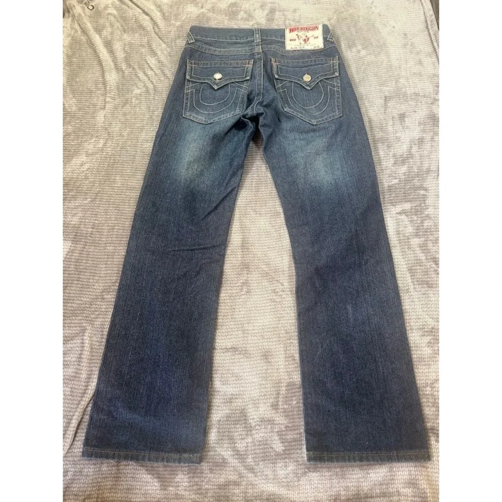 True Religion Zach‎ Straight Jeans Medium Wash Denim Blue Flap Pocket Mens 32X31